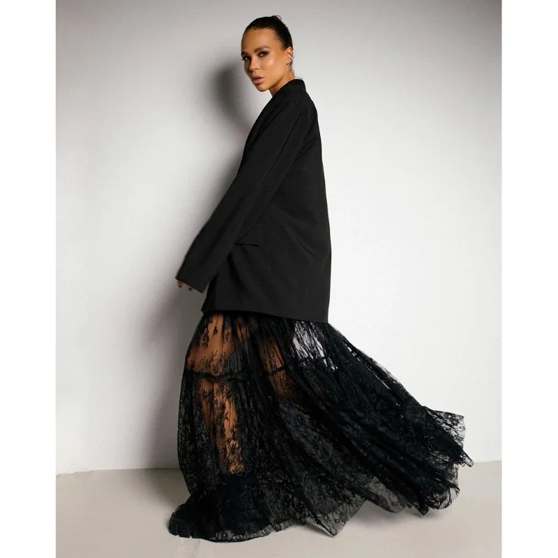 Deeptown Lace Black Long Skirts Elegant Sexy Women See Through 2024 Solid Skirts Loose High Waist Europe and America Fashion