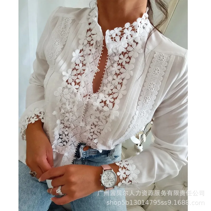 New Fashion 2025 Women's White Solid Color Casual Trendy Elegant Long Sleeve Stand Collar Lace Spliced Shirts Female Clothes