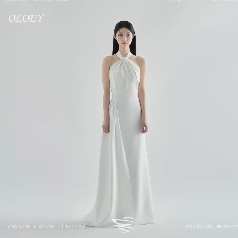 OLOEY Elegant White A-line Wedding Dresses Halter Back Bow Evening Dress Korea Photoshoot Floor Length Reception Dress Customize