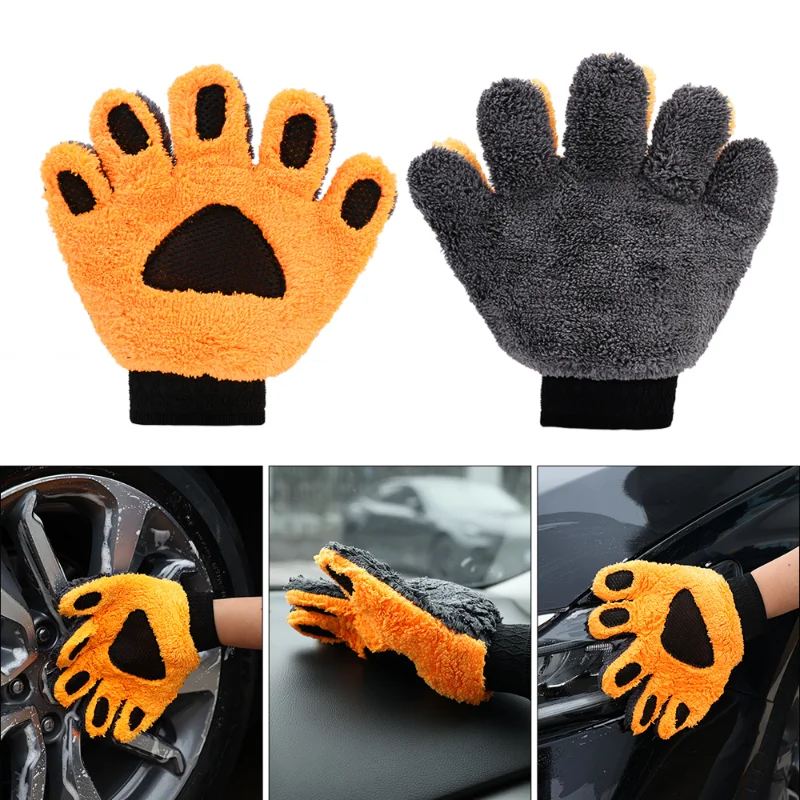 Five-finger Car Washing Gloves Soft Coral Fleece Auto Body Scratch-Free   Detailing Cleaning Glove Thicken Bear Paw Wash Mitt