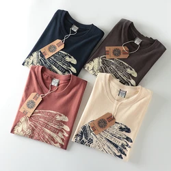 Autumn American Retro Long Sleeve O-neck Indian Pattern Printed T-shirt Men's Fashion 100% Cotton Washed Casual Bottoming Tops