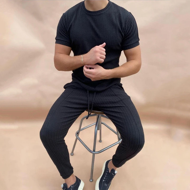 

2024 Spring Summer Sports Two Piece Suits Men Casual O Neck Short Sleeve Cotton T Shirt And Slim Pants For Mens Sets Streetwear