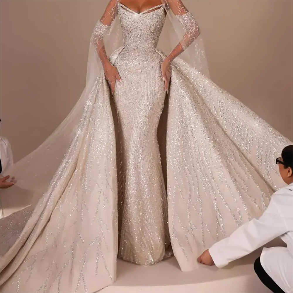 

Роскошные свадебные платья русалки с v-образным вырезом и аппликациями из бисера и блестками, свадебные платья по индивидуальному заказу