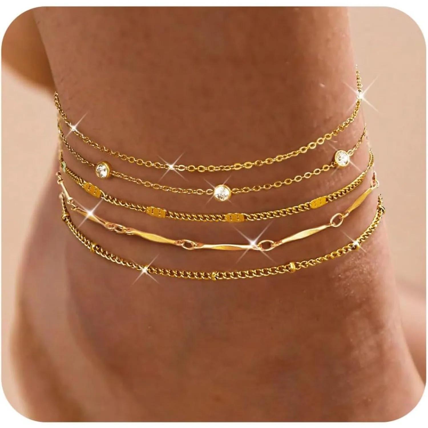

Bobisty 14k Gold Plated Anklets Waterproof Stainless Steel Layered Heart Cuban Link Chain for Women Summer Beach Jewelry Gift