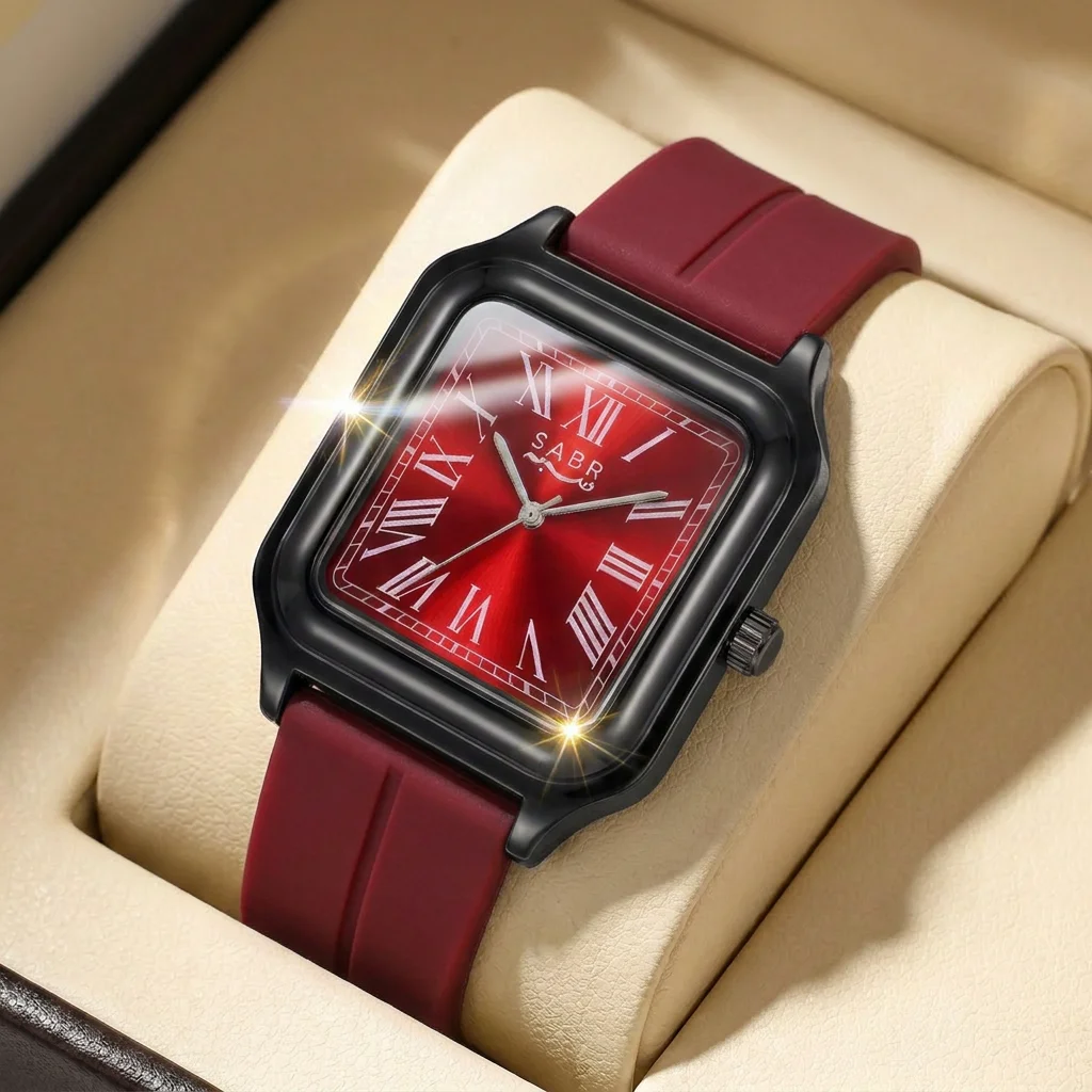 1pcs Men's red dial silicone strap vintage fashion slim rectangular elegant details Quartz Watch for business party holiday