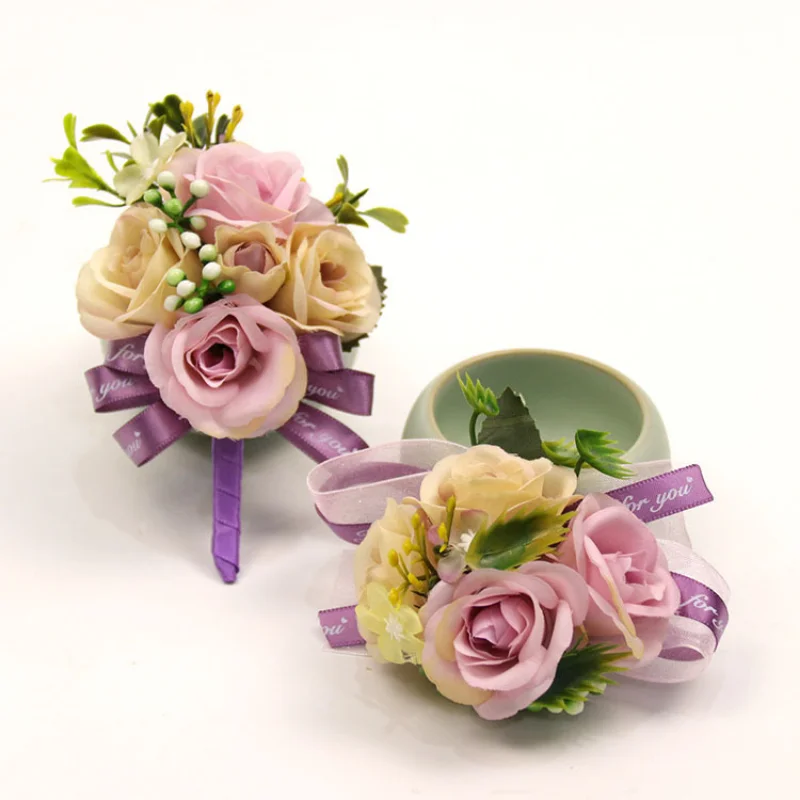 Man แต่งงาน Boutonniere กุหลาบ Corsage กำไลข้อมือแฟชั่นดอกไม้พยาน Buttonhole ชุด Broche Mariage Decor