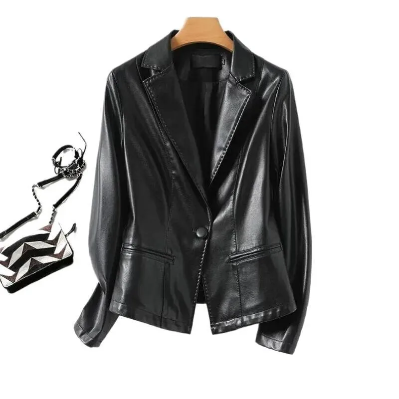 سترة نسائية للربيع والخريف سترة جلدية بياقة قصيرة وجيب بزر واحد وتصميم مميز وبسيط للترفيه #5