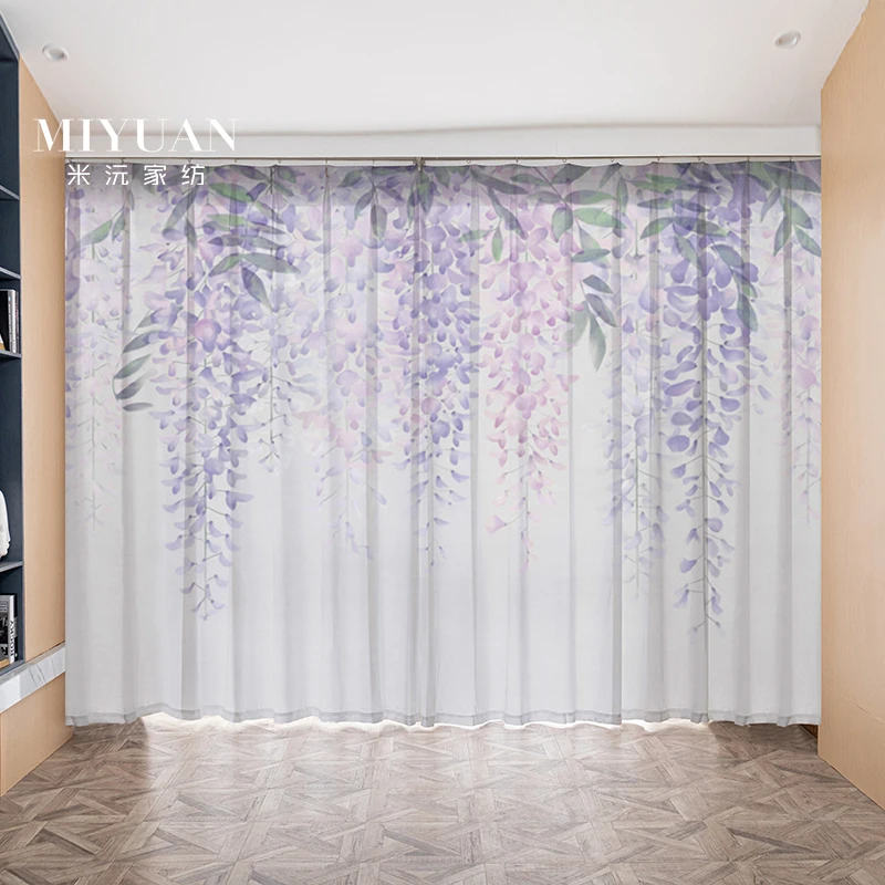 Nordic ins purple hand-painted wisteria flowers plant bedroom living room balcony window screen 3D digital printed tulle curtain