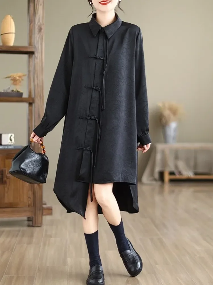 oversized vintage zwart met lange mouwen nieuw in jurken voor dames casual losse midi lente herfst shirtjurk elegante kleding 2025