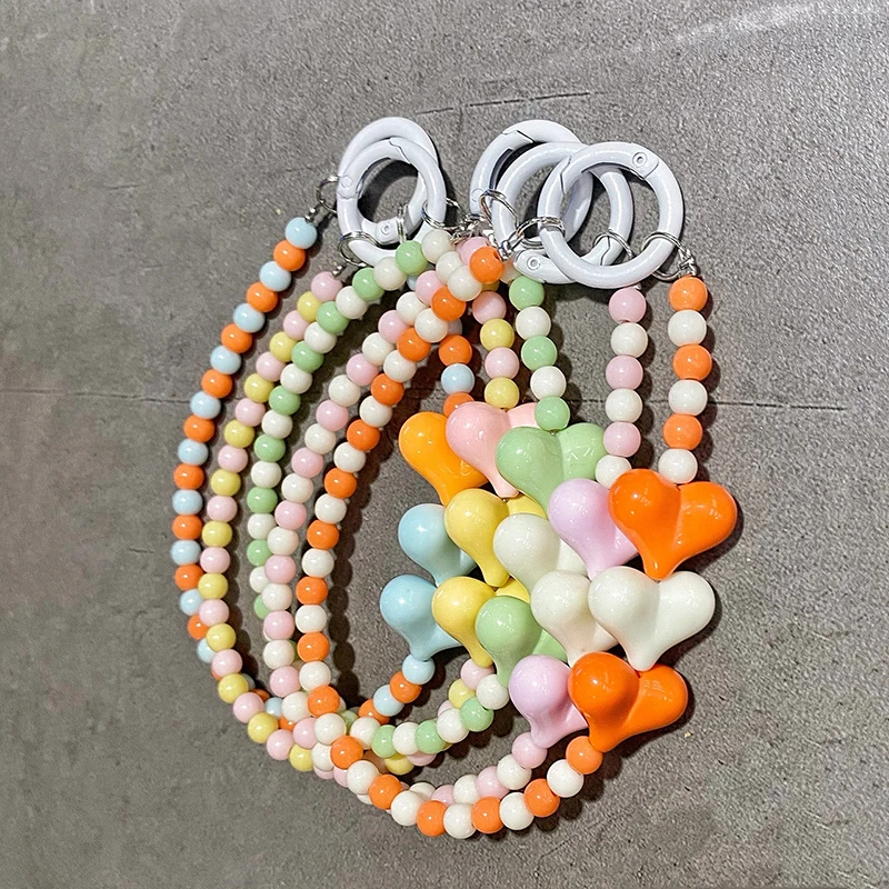 New New Candy Colored Cartoon Love Heart Phone Chain Mobile Phone Lanyard Keychain Beaded Pendant Lanyard Anti-Lost Wrist Strap