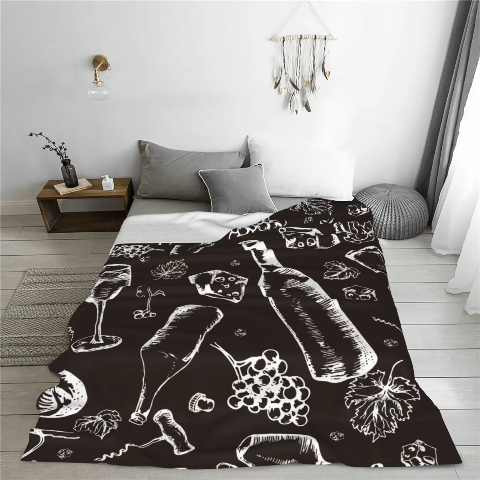 Wine Cheese Print Flannel Fleece Throw Blanket Soft Warm  Coral Velvet for Home