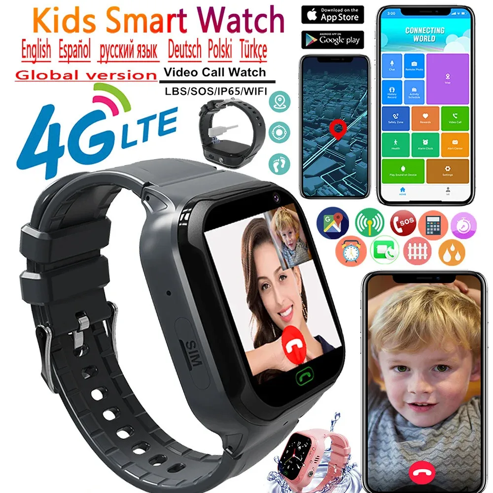 Kids Smart Watch 4G Phone WIFI LBS Location SOS Clock Video Call Chat IP67 Waterproof Remote Monitoring Safe Children Smartwatch