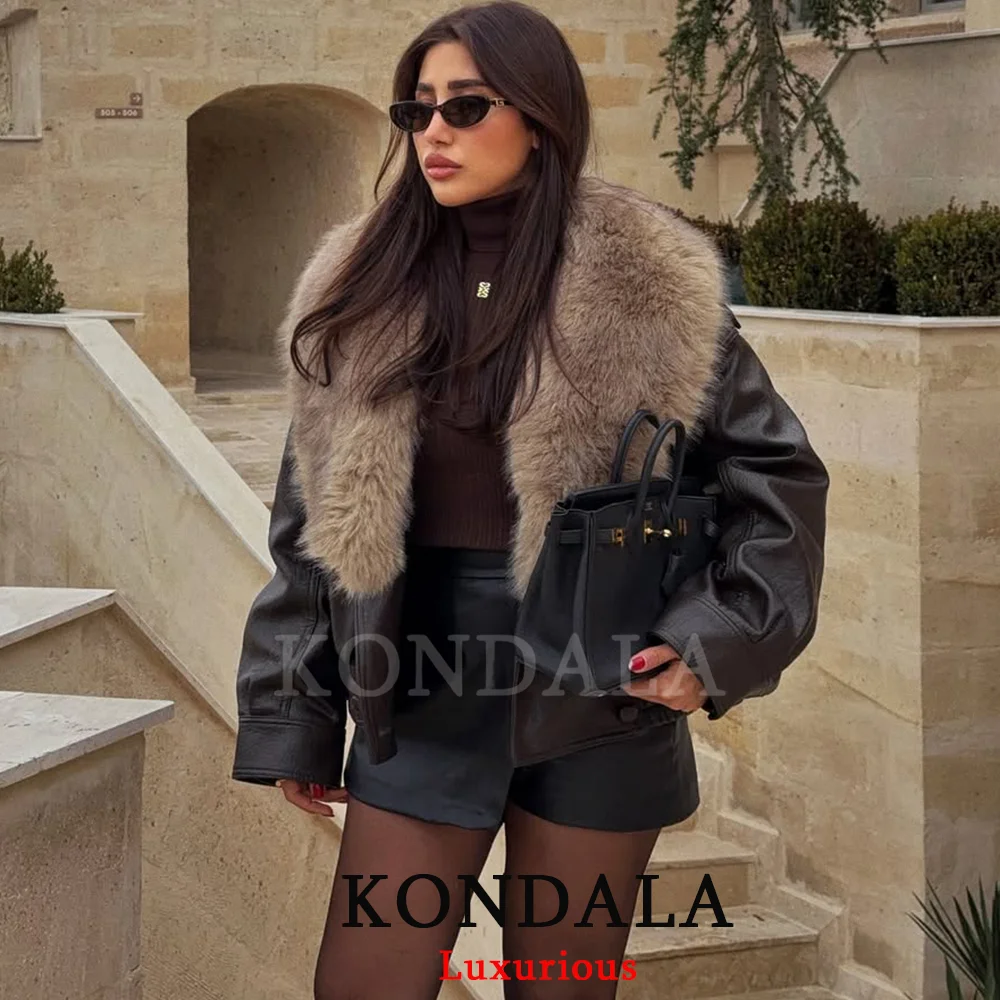 KONDALA الشارع الشهير الفراء طوق سترات من الجلد النساء جيوب طويلة الأكمام المتضخم معاطف موضة 2025 الخريف الشتاء أبلى