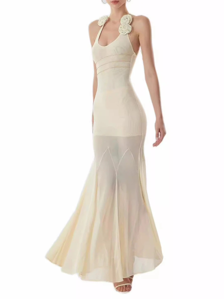 TWOTWINSTYLE minceur pure épissé 3D fleur robes Sexy pour les femmes licou sans manches Patchwork plis mode robe femme nouveau