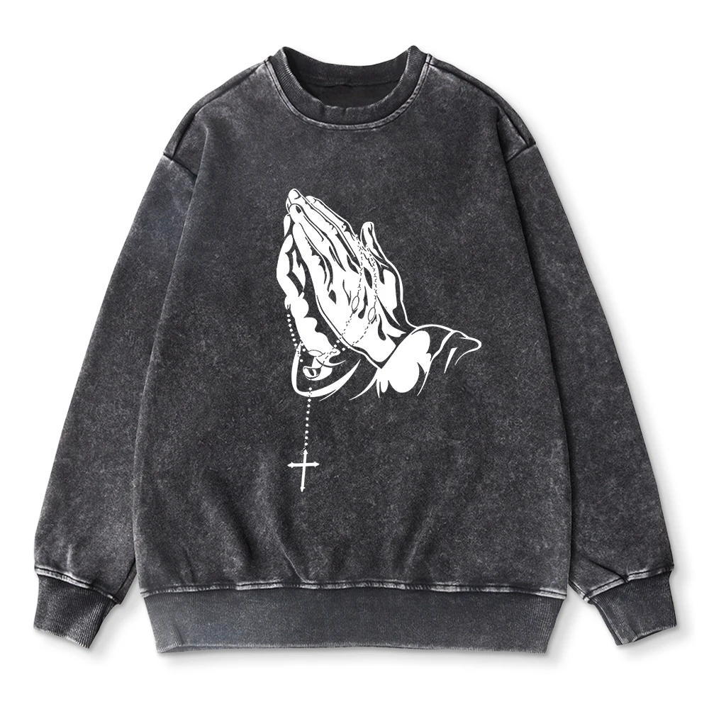 Oversize Men Woman Acid Wash Hoodie Cross Prayer Printed Sweatshirt Fashion Crewneck Cotton Pullover Couple Washed Streetwear