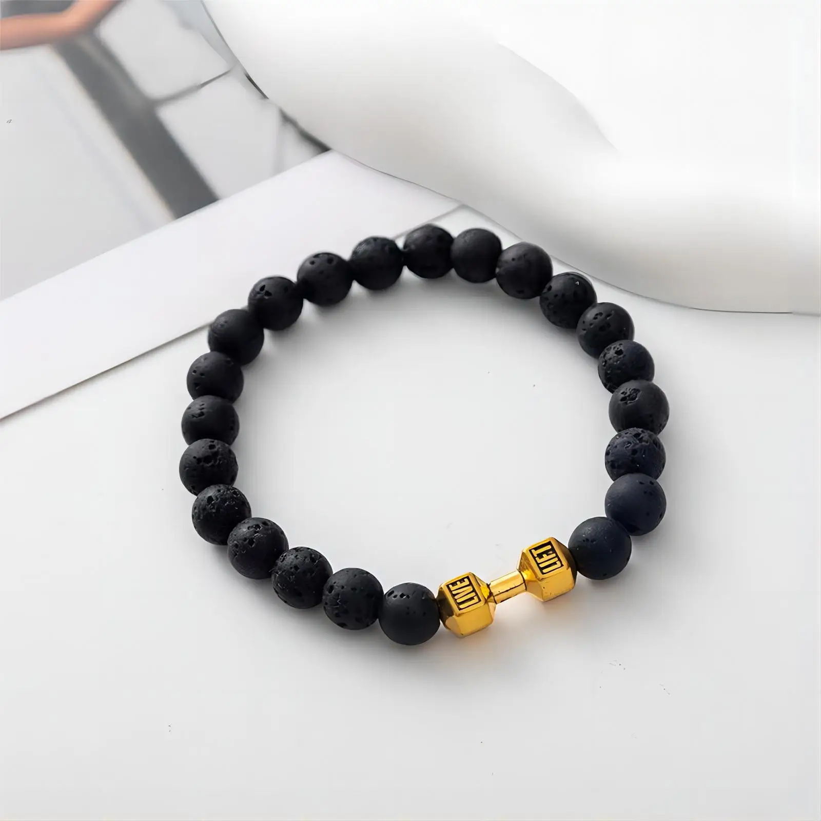 1pc Natural Black Volcanic Lava Stone Dumbbell Bracelet Black Matte Beads Bracelets For Women Men Fitness Barbell Jewelry Pulser
