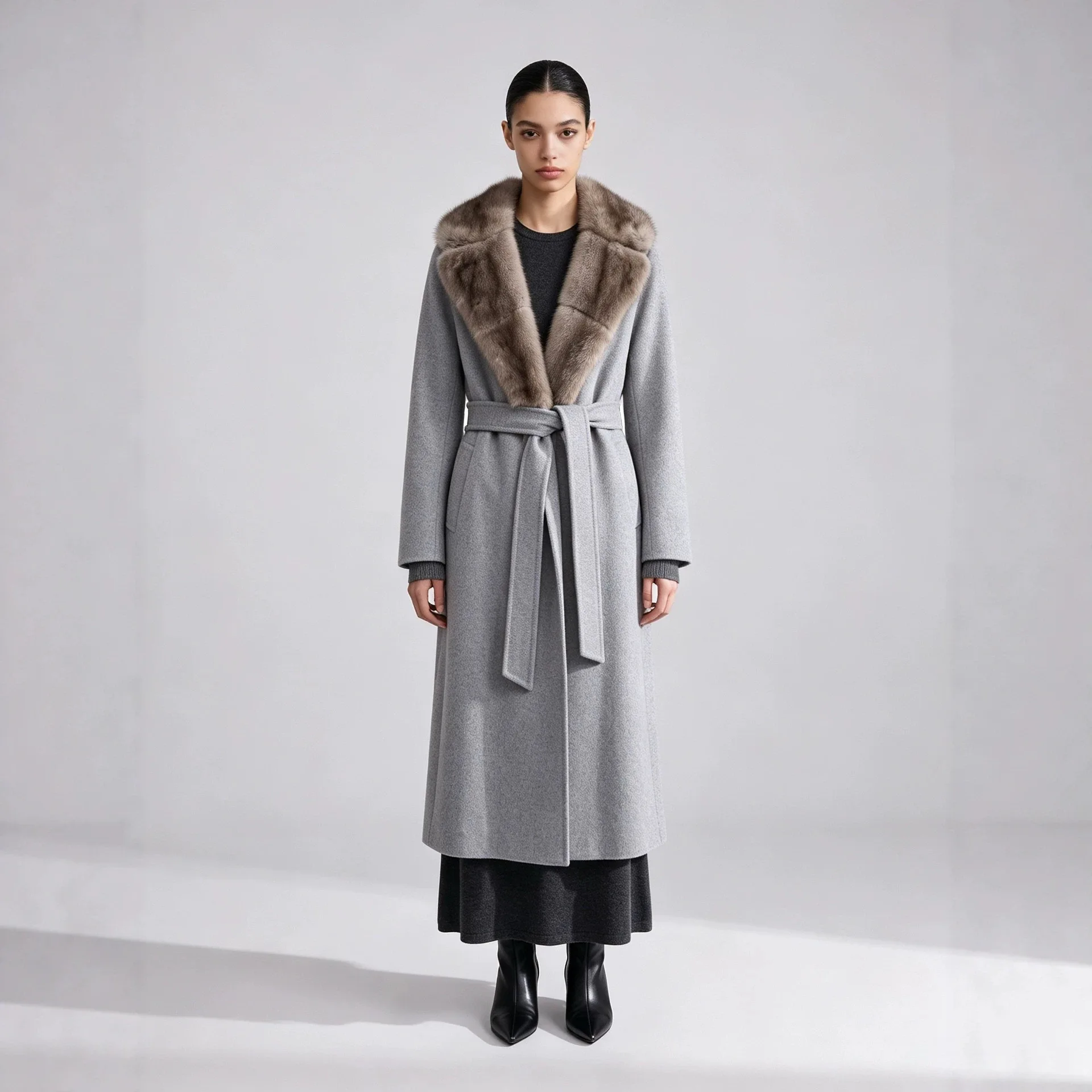 Women's Long Double-Sided Goat Cashmere Coat with Premium Mink Fur Collar, 2026 Autumn Winter Luxury Woolen Outerwear
