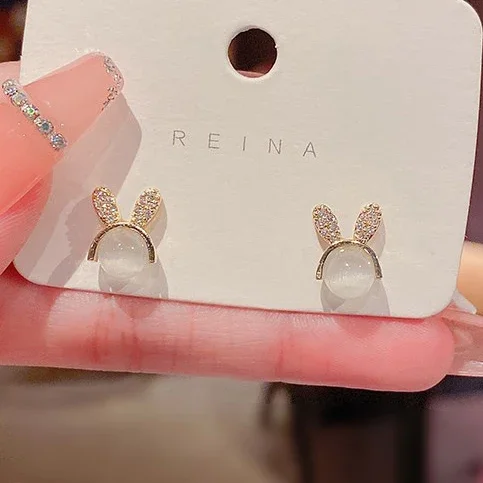 

Tibetan Silver Zircon Opal Mini Rabbit Stud Earrings for Women Cute Animal Fashion Jewelry Minimalist Accessories