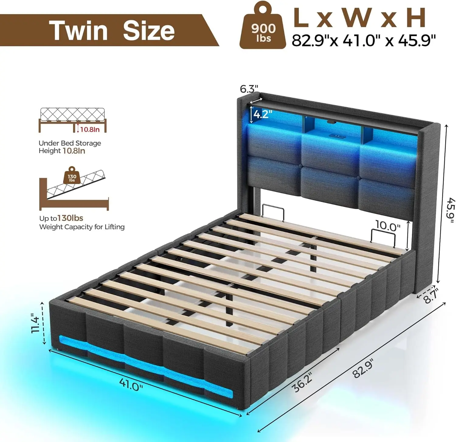 Struttura letto doppia dimensioni con contenitore sollevabile, stazione di ricarica e luci a LED, testiera portaoggetti imbottita, doghe in legno resistenti,