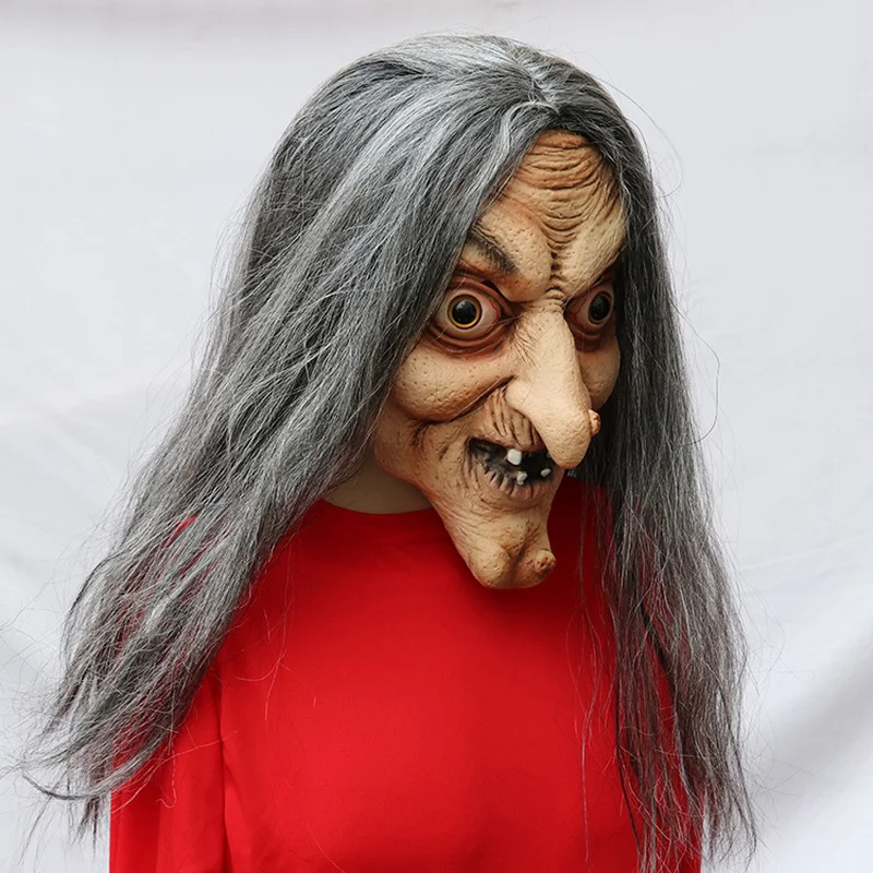 Scary Old Witch Mask Latex with Hair Halloween Fancy Dress Wig Grimace Party Costume Cosplay Masks Props Adult