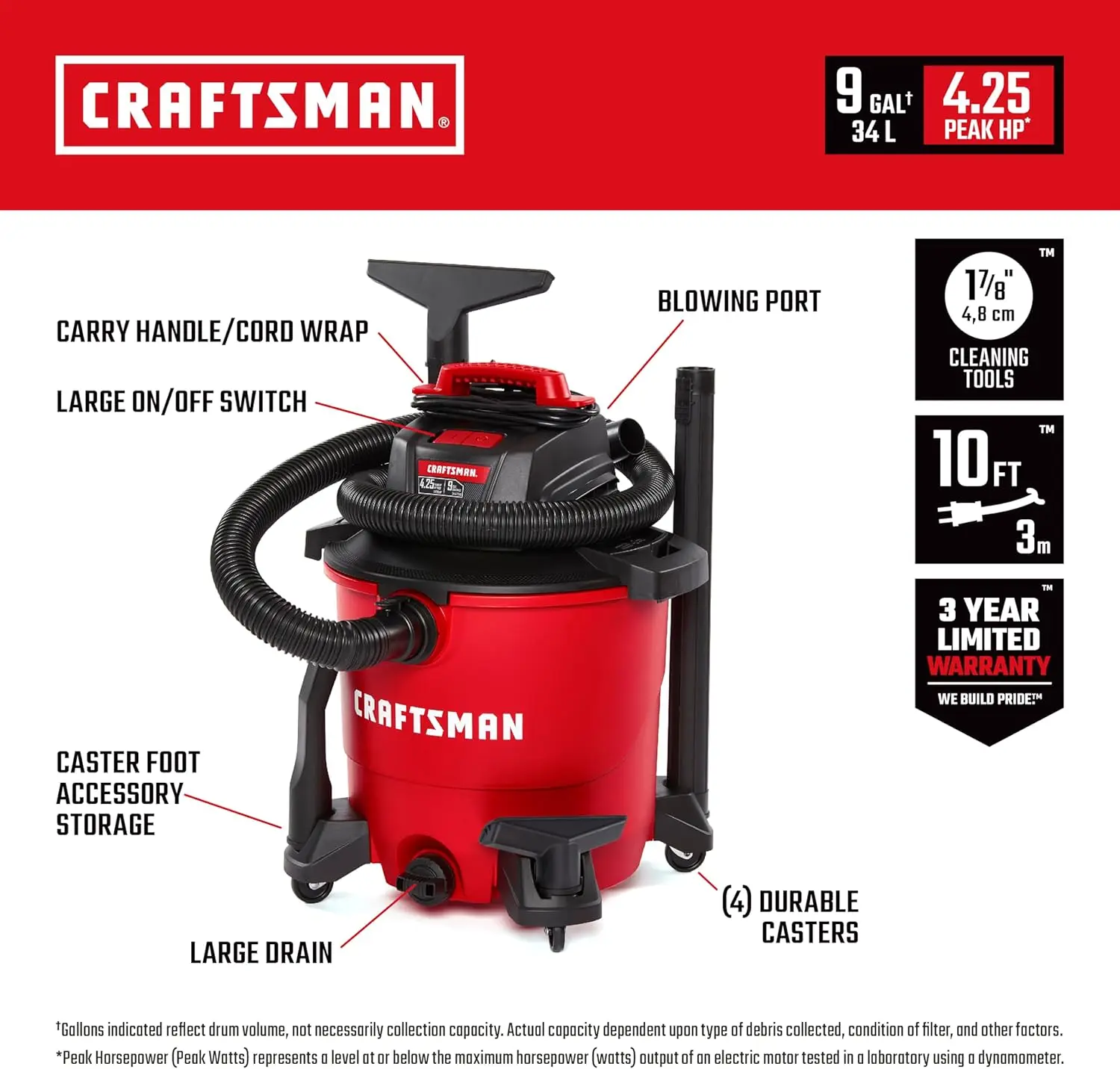 CRAFTSMAN CMXEVBE17590 9 Gallon 4.25 Peak HP Wet/Dry Vac, General Purpose Portable Shop Vacuum with Attachments