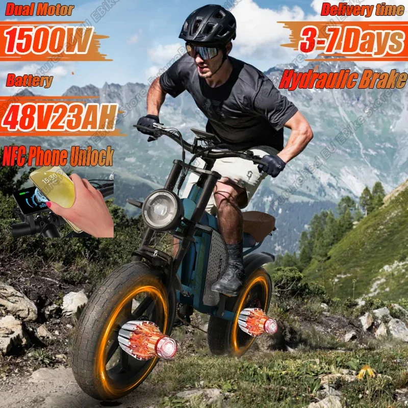 JANSNO X60 Electric Bicycle 1500W Dual Motor 48V20AH Battery Hydraulic Brake E-bike 20*4.0 Inch Fat Tire Mountain Electric Bike