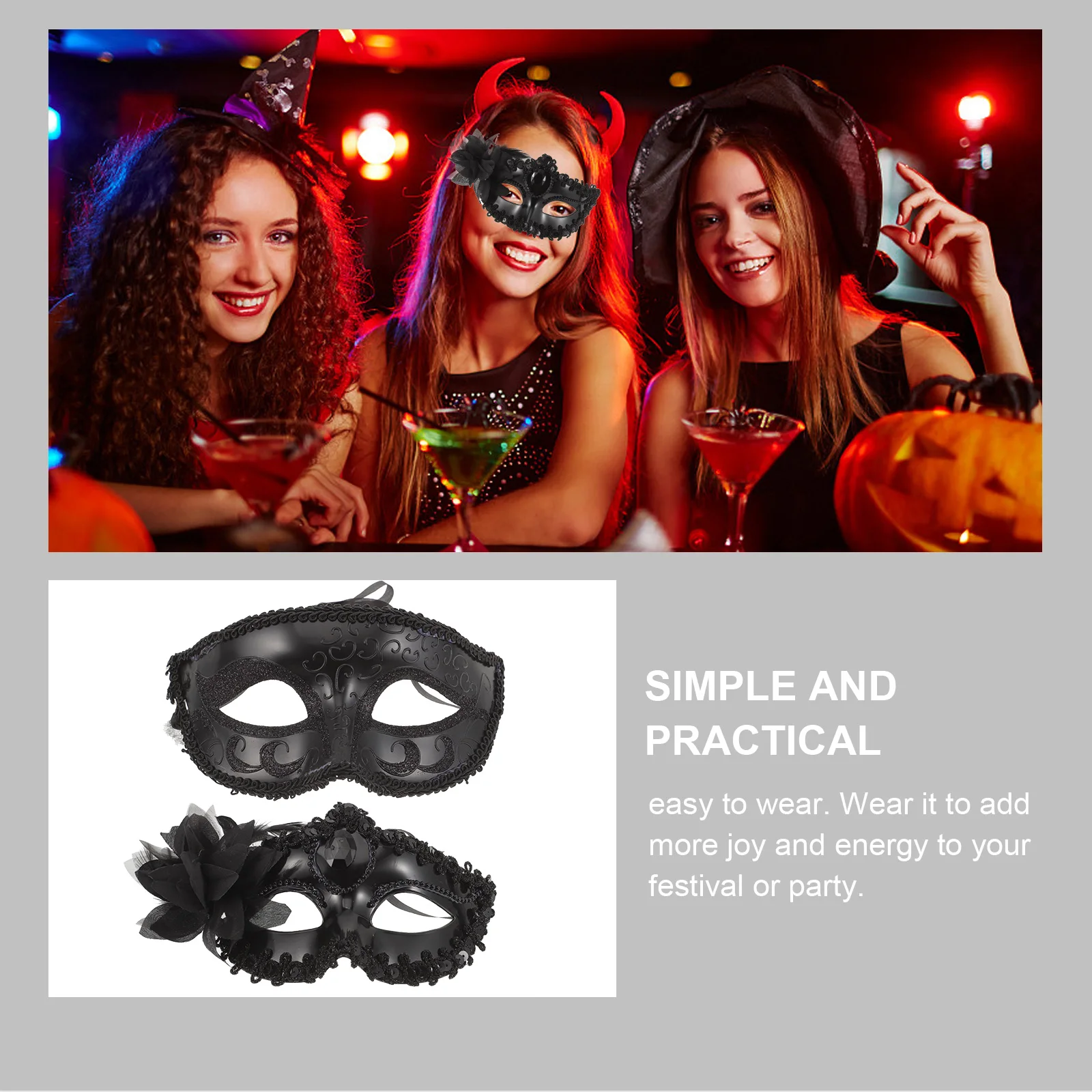 

2Pcs Masquerade Masks Retro Venetian Party Costume Accessories Girls Decorations Comfortable Wear Halloween Props