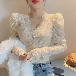 French Splicing Lace Elastic V Neck Petal Sleeve Top Spring Autumn Stretch Tee Female Bottoming Blouses Tops Thermal Pullover