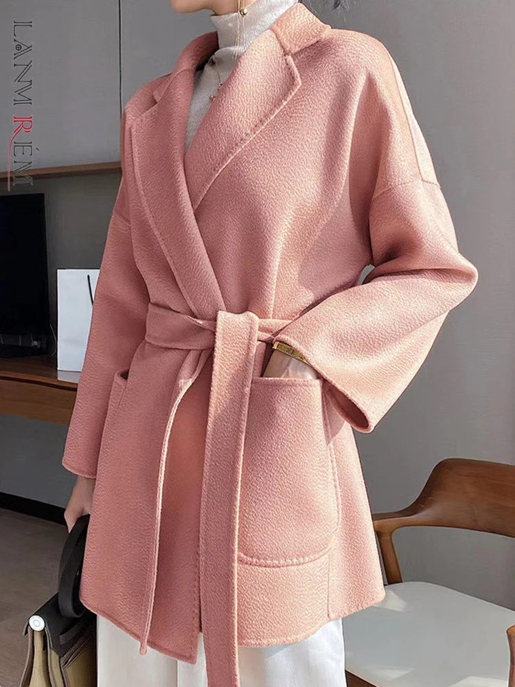 LANMREM 2024 Spring And Winter Wool Coats Water Ripple Double-sided Tweed Belt Coats Female High End Luxury Clothing 2R4101