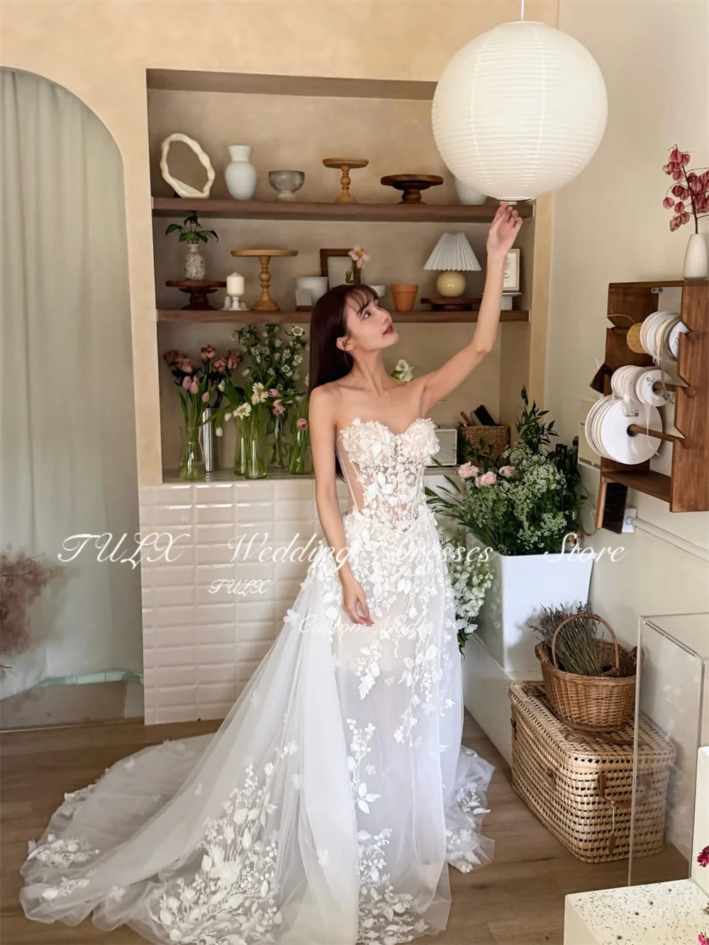 TULX 高級アイボリーレース A ラインロングウェディングドレス韓国写真撮影セクシーな恋人ブライダルドレスコルセットカスタマイズ 웨딩드레스