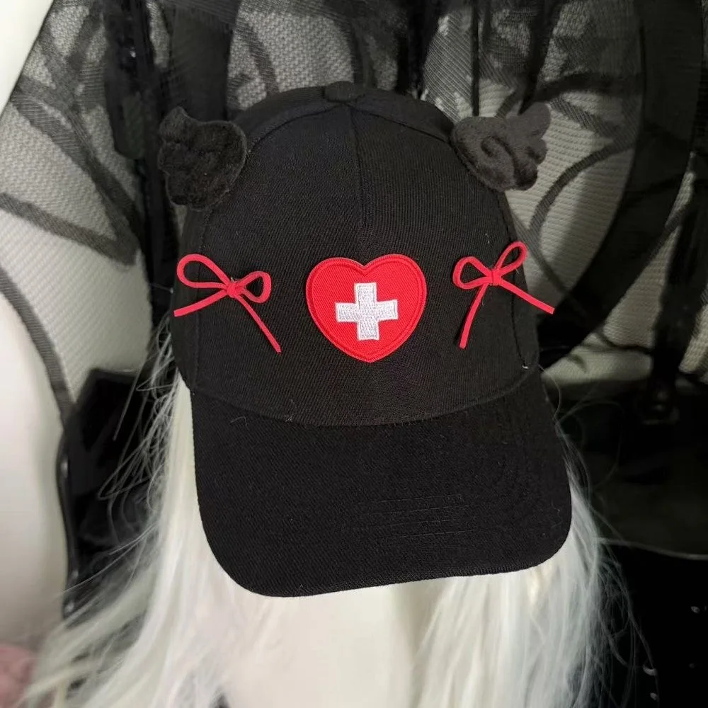 Ins Hat Embroidered Love Cross Bow Baseball Cap Y2K Subculture Dark Angel Wings Sweet Cool Casual Cap Harajuku Hats for Women 3