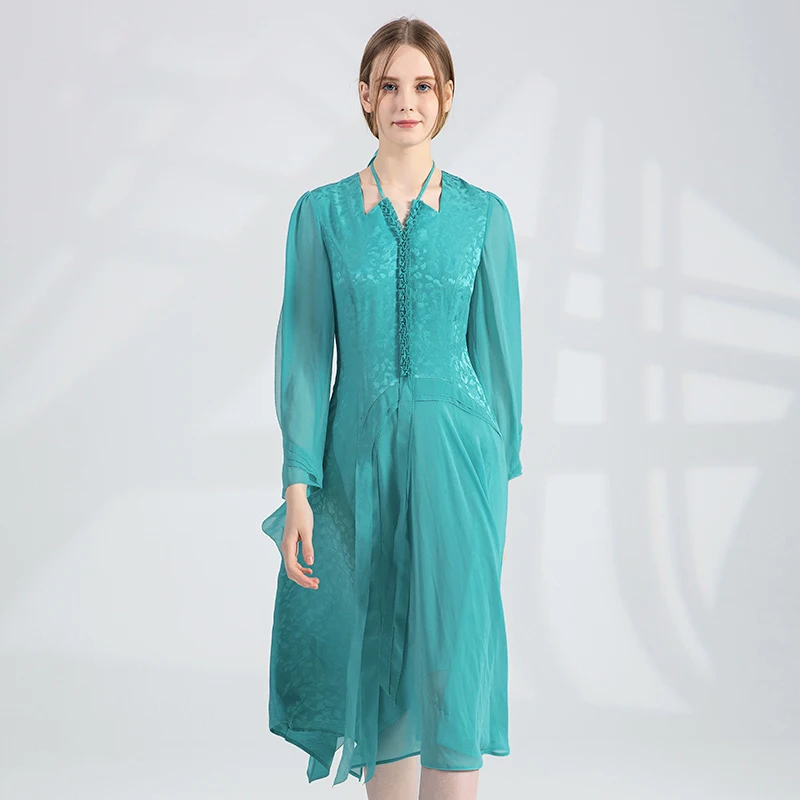 Silk 22 Momme Blue Jacquard Lace Up Neck with Wooden Ear Edge Decoration Irregular Long Sleeve Elegant Dress AY263