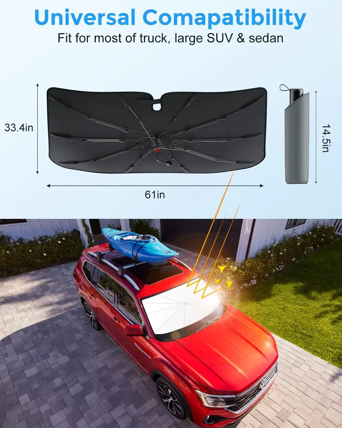 Upgraded Car Windshield Sun Shade with Nano Cooling Coating - Blocks UV & Keeps Car Cooler (Large Size)