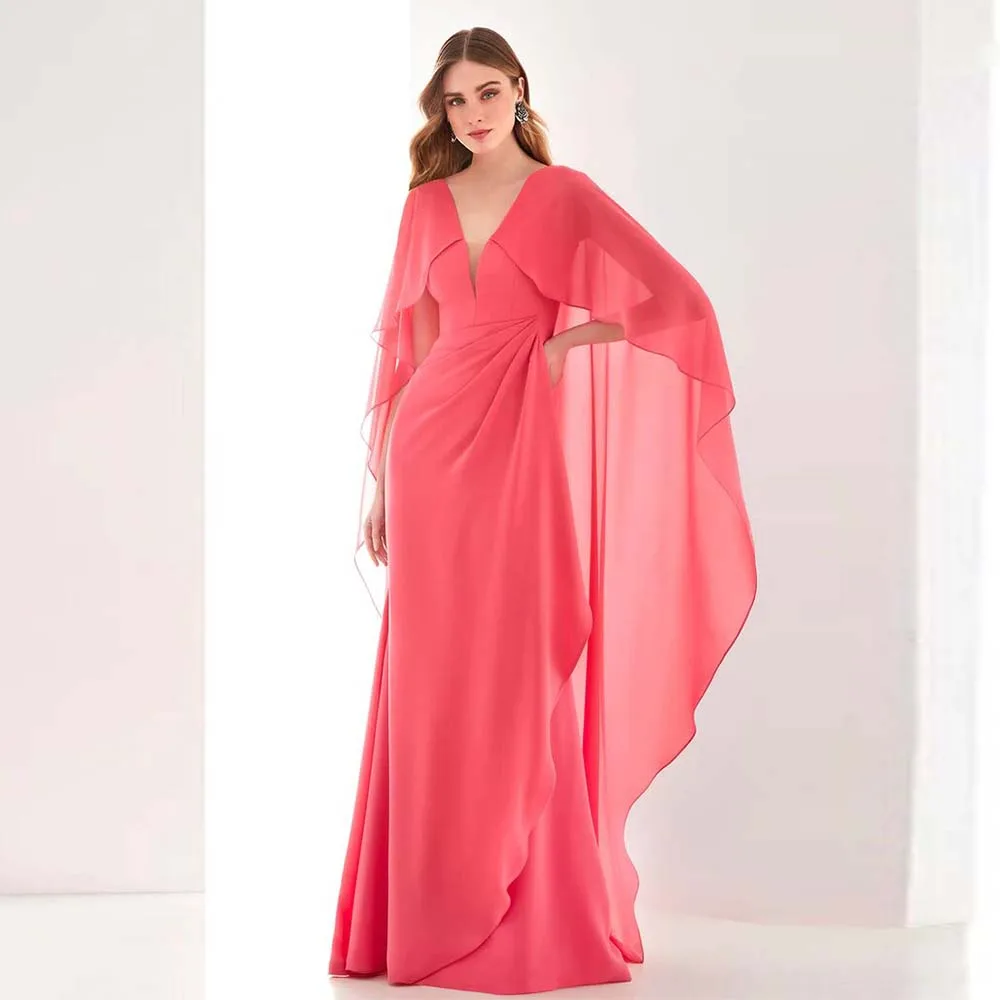 

Elegant Formal Party Dresses Pink Satin Ruffles Pleat Draped Straight V-neck Floor Length Dresses Bespoke Occasion Gown 2024