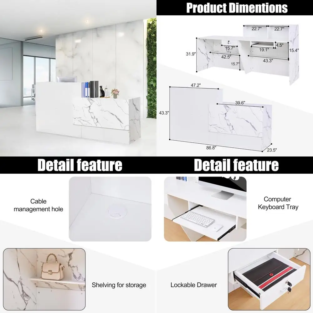 Mostrador de recepción moderno con cerradura y bandeja para teclado, estantes, blanco para oficinas corporativas y configuraciones profesionales