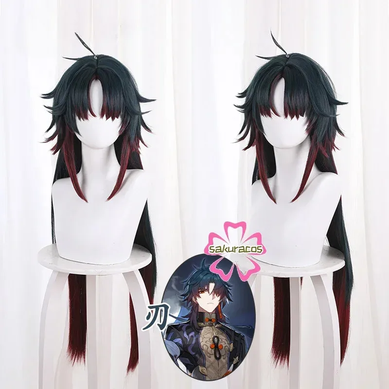 25COSHonkai ستار السكك الحديدية بليد شعر مستعار تأثيري 90 سنتيمتر طويل أزرق داكن مختلط الأحمر الطبقات الباروكات مقاومة للحرارة شعر مستعار هالوين لدور زي