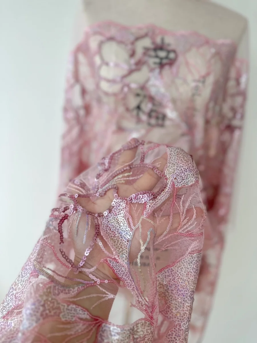 Gorgeous Pink Purple Sequin Floral 3D Embroidery Soft Mesh Lace Fabric for Cheongsam Clothing Wedding Party and Prom Dress