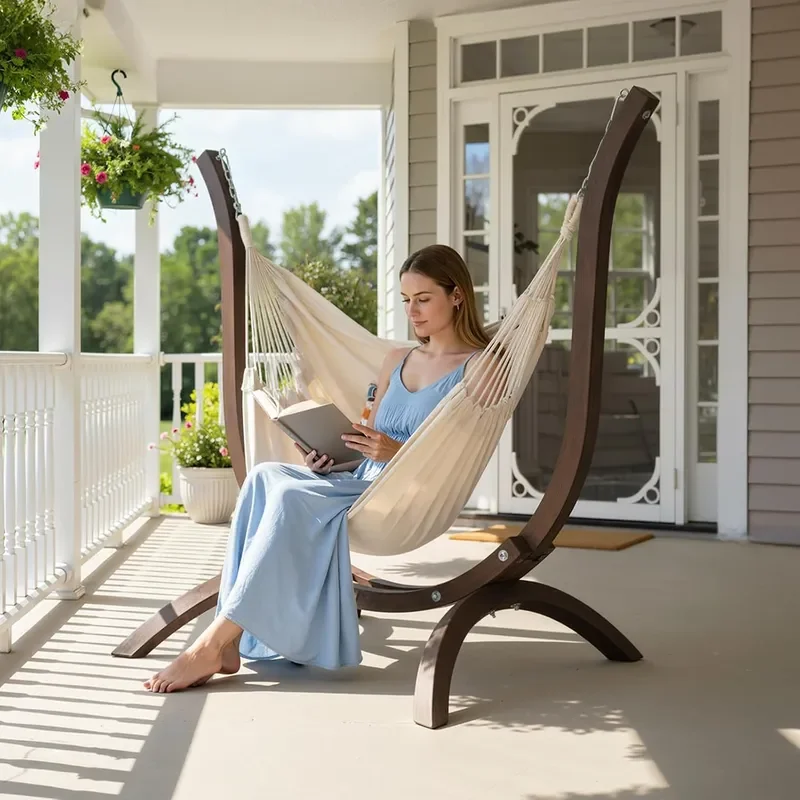 550 LBS Hand-Made Elegant Hammock Chair W/Stand Premium Curved Wooden Hammock Stand w/Chair One Comfy Cusion Included Hammock