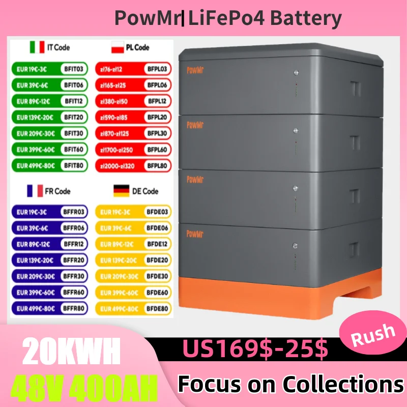 PowMr 51.2V 400Ah 20KW LiFePo4 Rechargeable Lithium Battery 6000 Cycles 16 Series Parallel CAN/BUS/RS485 RV Solar Energy Storage