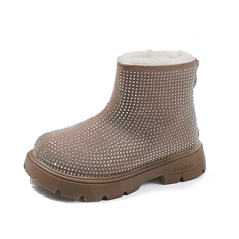 

Осень-зима 2023, новые детские модные ботинки в британском стиле, короткие сапоги с кристаллами и бриллиантами для девочек, хлопковые ботильоны