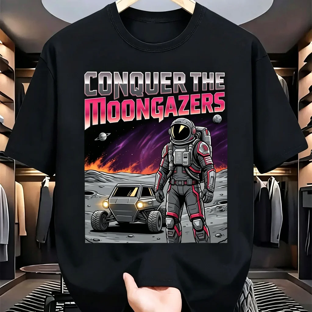 

Men's Black Cotton T-Shirt Conquer The Moongazers Astronaut Sci-Fi Print Streetwear Casual Short Sleeve Tee