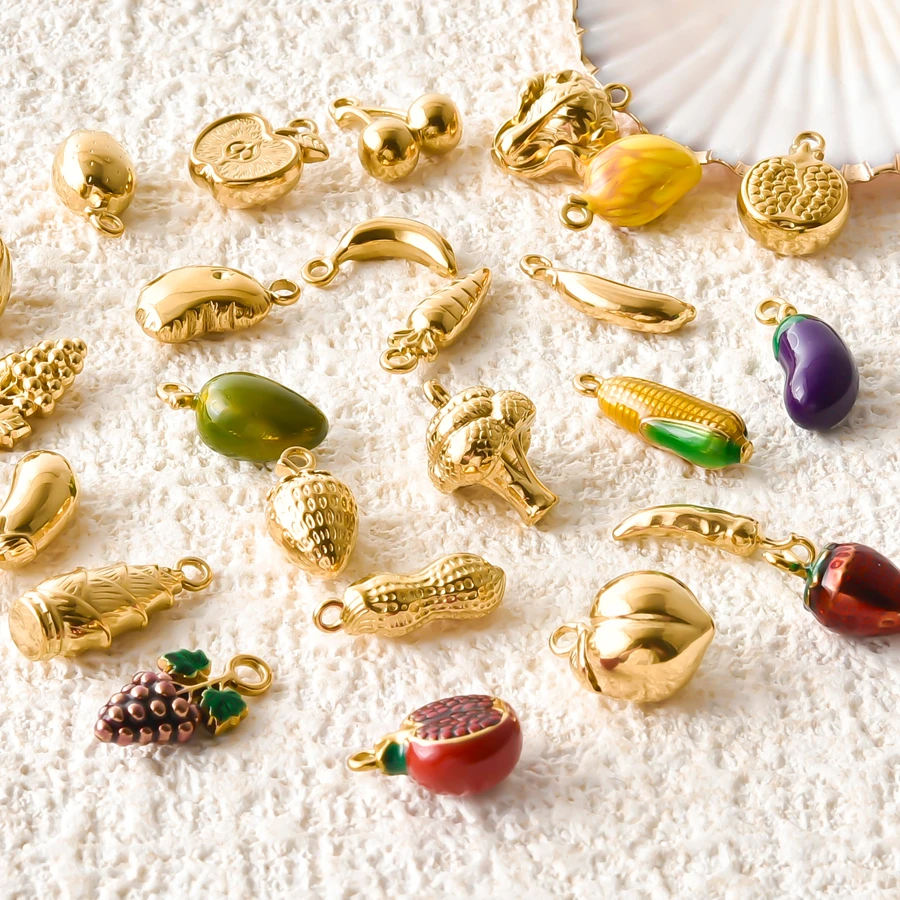 9Pcs Waterproof Stainless Steel High Quality Vegetables Fruits Corn Strawberry Broccoli Pendant For Jewelry Making Necklace