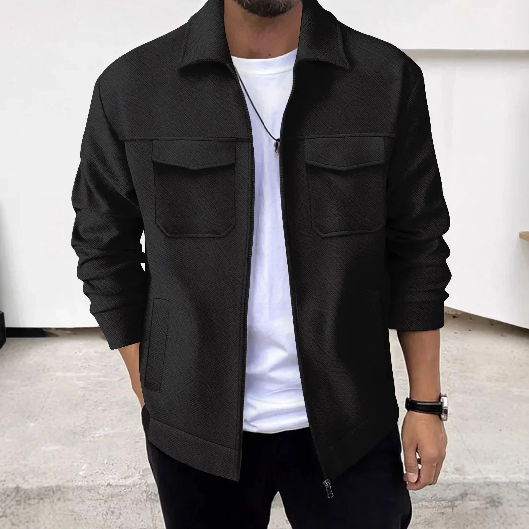 

Men's Casual Jacquard Lapel Zipper Jacket, a Trendy and Versatile Coat for Young People