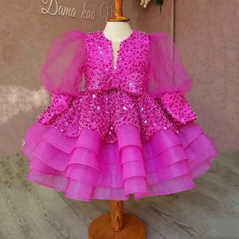 

New Children Clothing Baby Girl Puffy Gauze Dresses Birthday Elegant Princess Prom Dress for Kids Sequin Long Sleeve Ball Gown