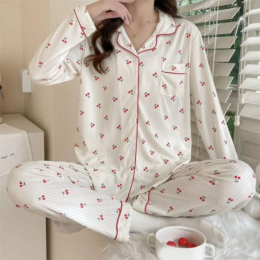 

2 Pcs/Set Women Winter Pajamas Cartoon Print Color Matching Single-breasted V Neck Thickened Soft Long Sleeve Elastic Waist Home