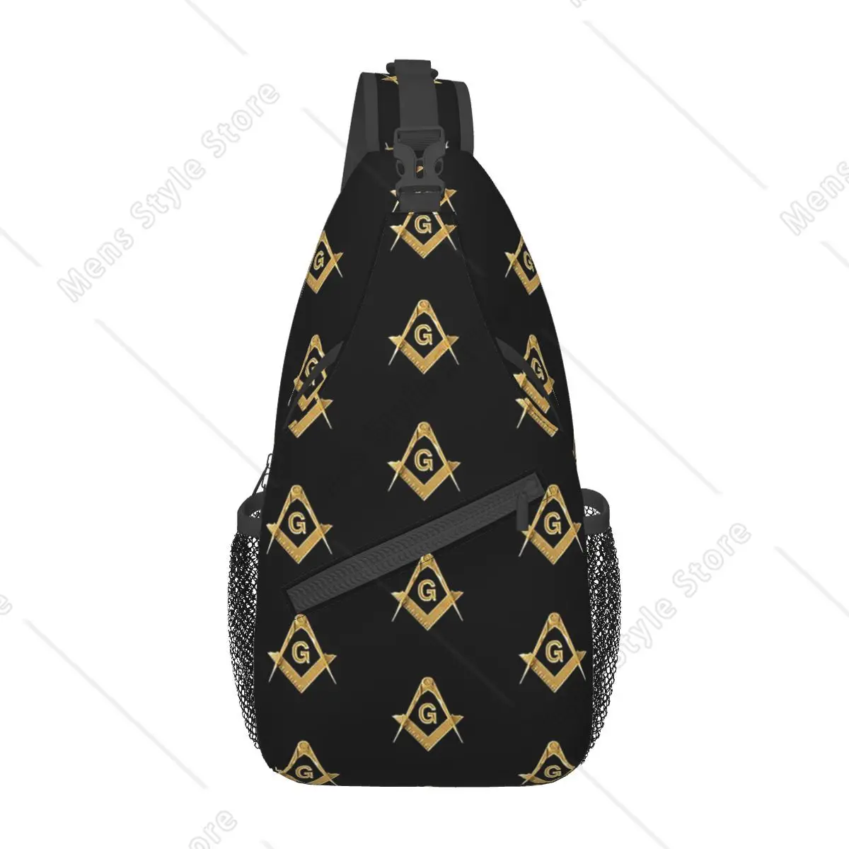 Freemason Pattern Sling Bags Chest Crossbody Shoulder Sling Backpack Hiking Travel Daypacks Gold Black Square Masonic Men Women