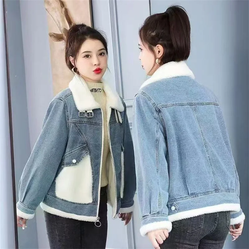 2024 Winter New Lambswool Plus Velvet Padded Denim Coat Female Joker Korean Version Of Online Celebrity Little Cotton-padded Top