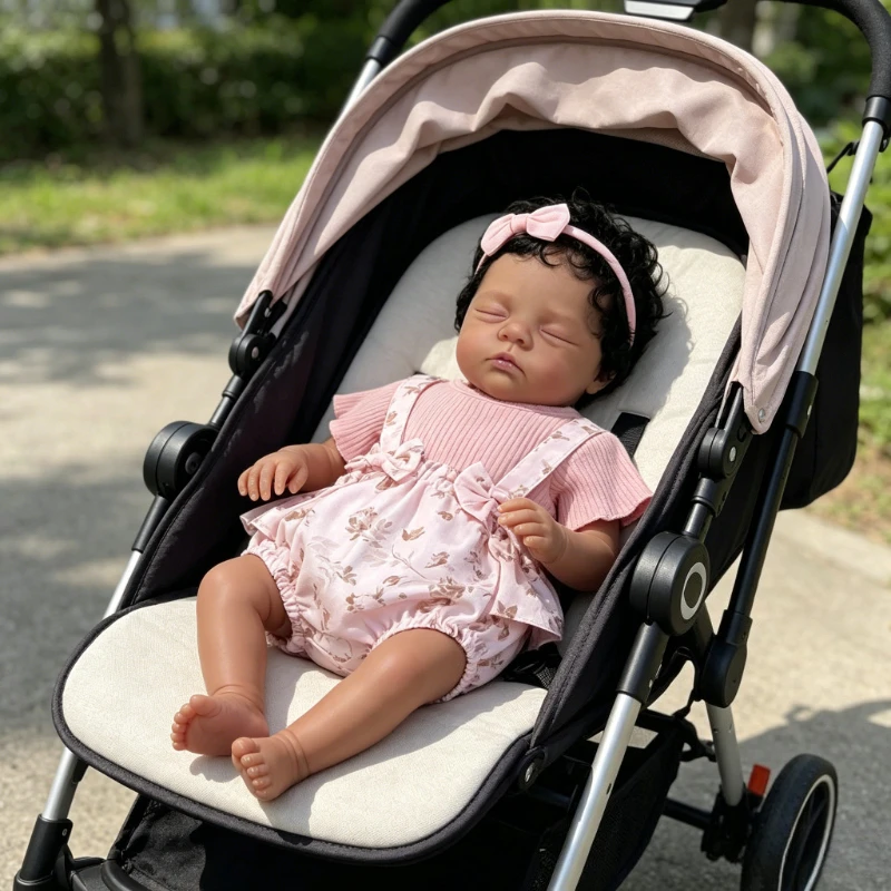 

48CM Newborn Baby Handmade Doll Irys Dark Skin Curly Hair Sleeping Girl Doll
