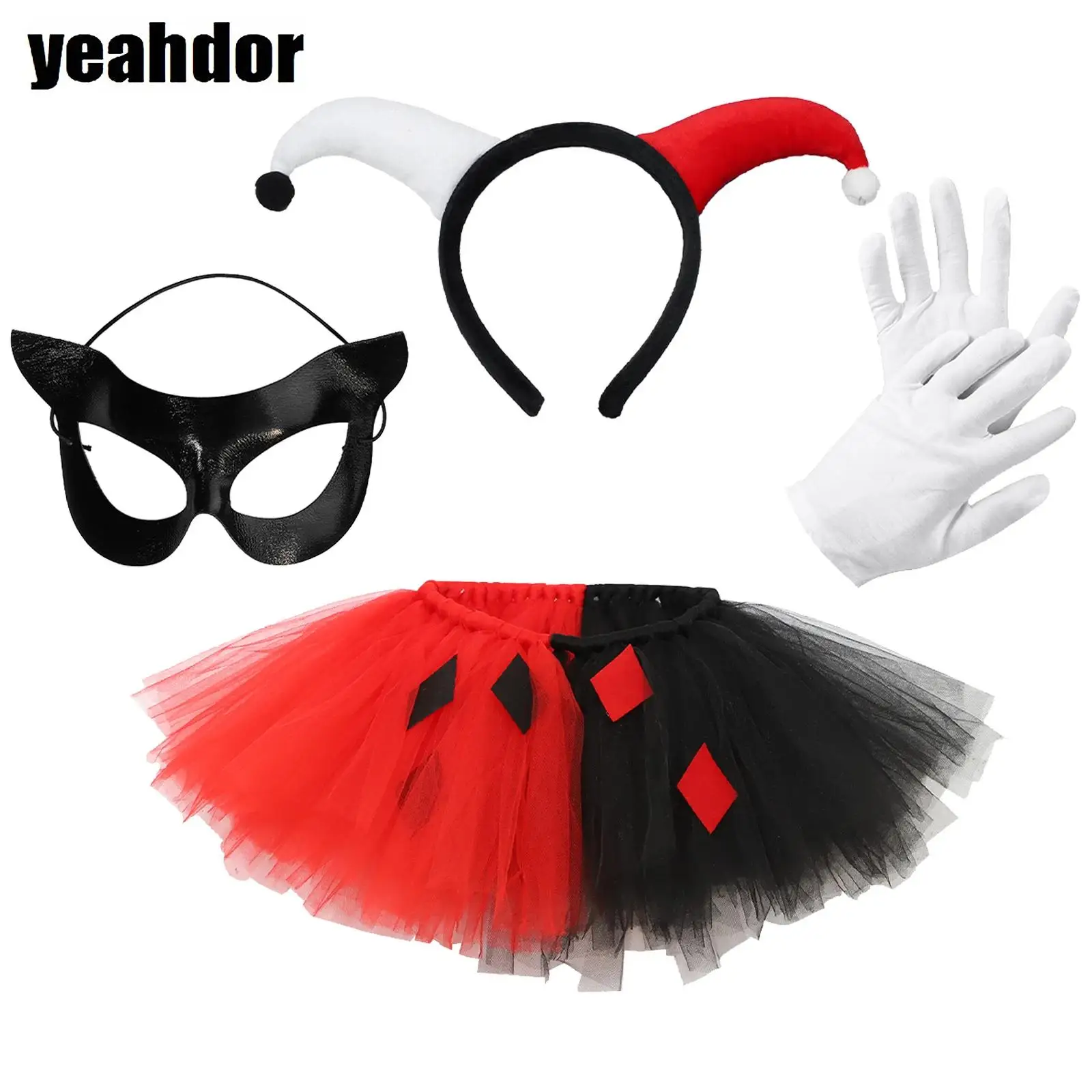 

Women Girls Role Play Sets Cute Self-tied Ribbons Tutu Mesh Skirt with Clown Headwear Mask And Gloves for Halloween Performance