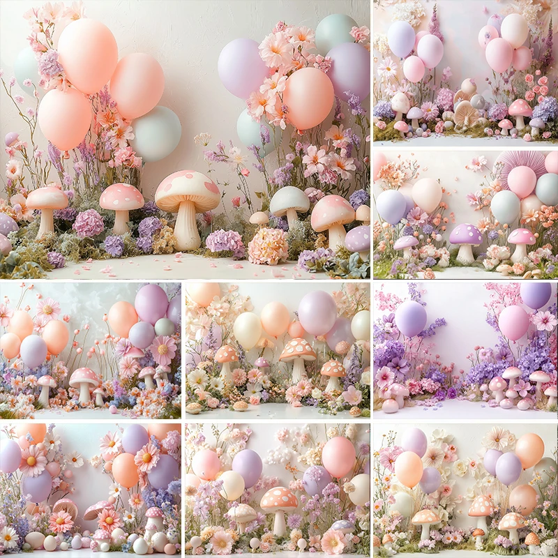 

LS Photography Background Spring Floral Mushroom Balloon Easter Egg Decor Birthday Cake Smash Baby Shower Photo Backdrop Studio